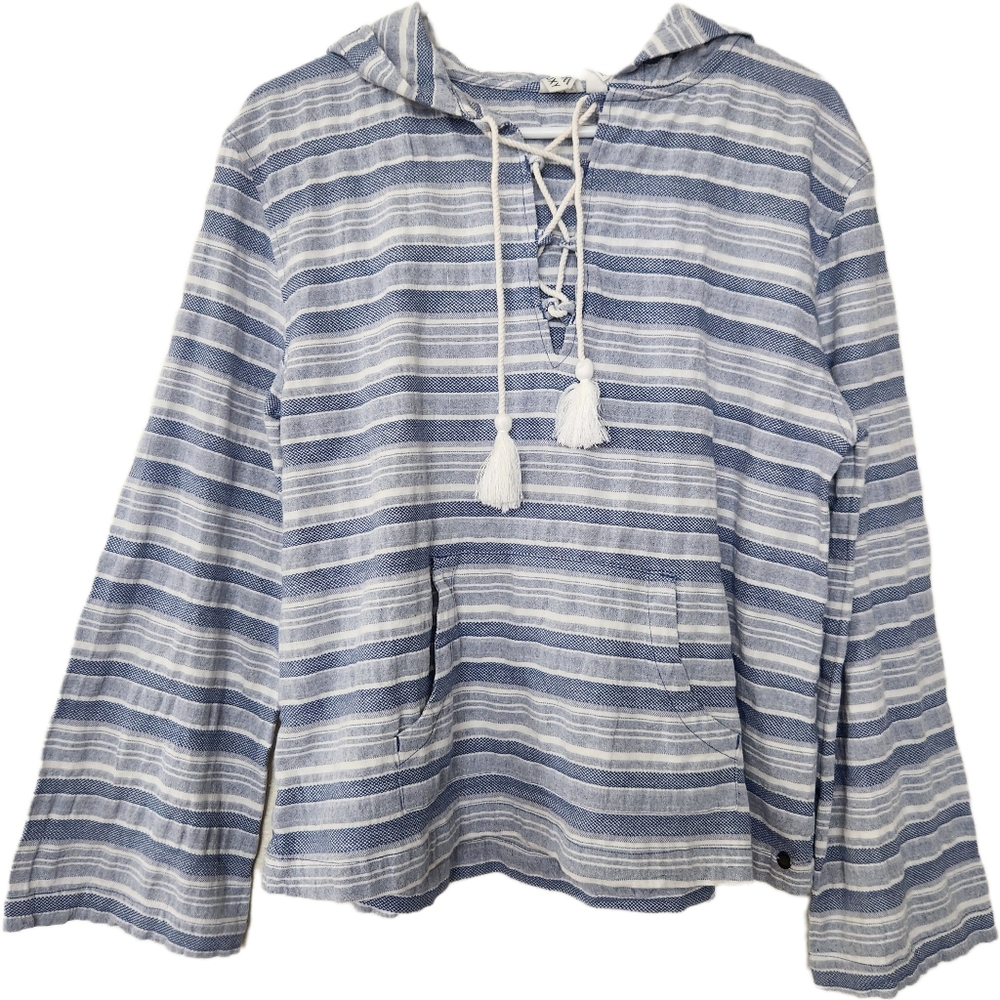 Roxy Cotton Popover Hoodie Striped Top Lace-Up Flared Sleeves Beachy Size M